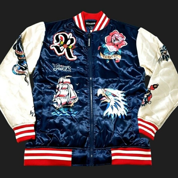 Reason Satin Bomber Mens Medium Button Down Navy Blue Graphic Varsity Jacket
